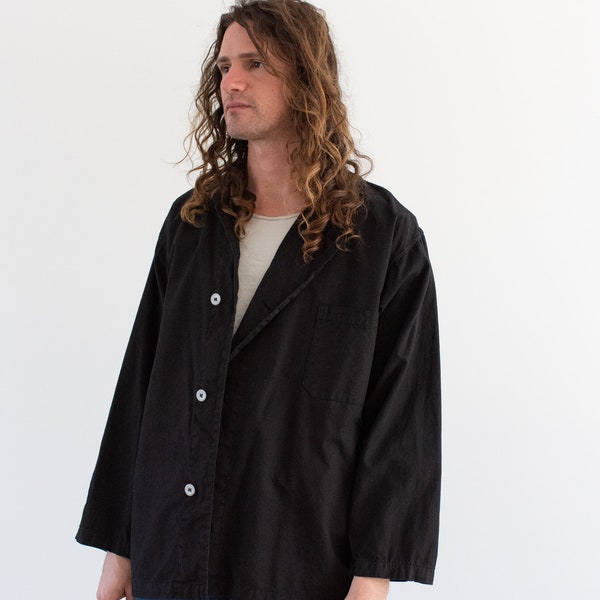 Vintage Black Side Button Artist Smock Jacket | Unisex 50s Overdye Cotton Shirt | Made in USA | M L XL