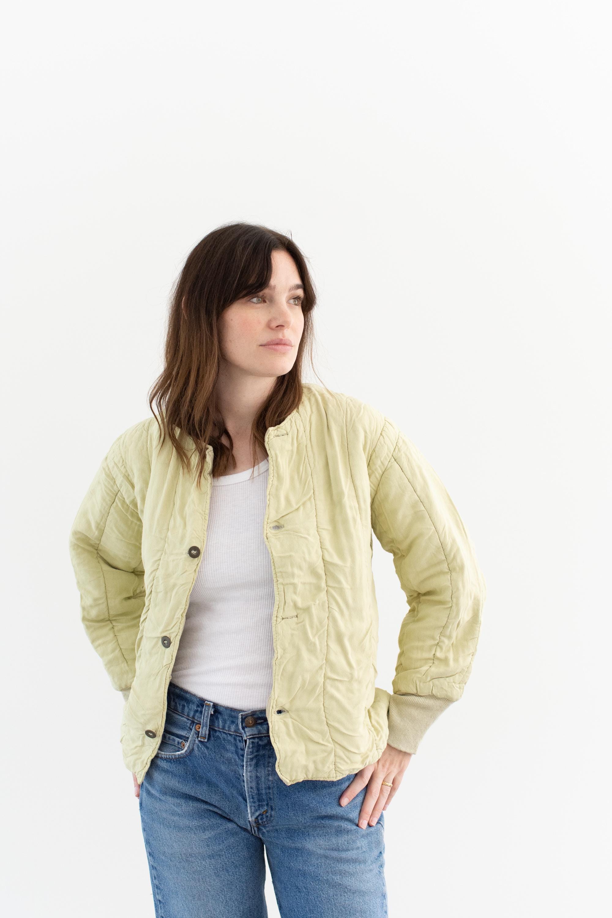 Vintage Cream Pale Butter Yellow Cotton Quilt Jacket | Unisex Round Quilted Puffer | M L |