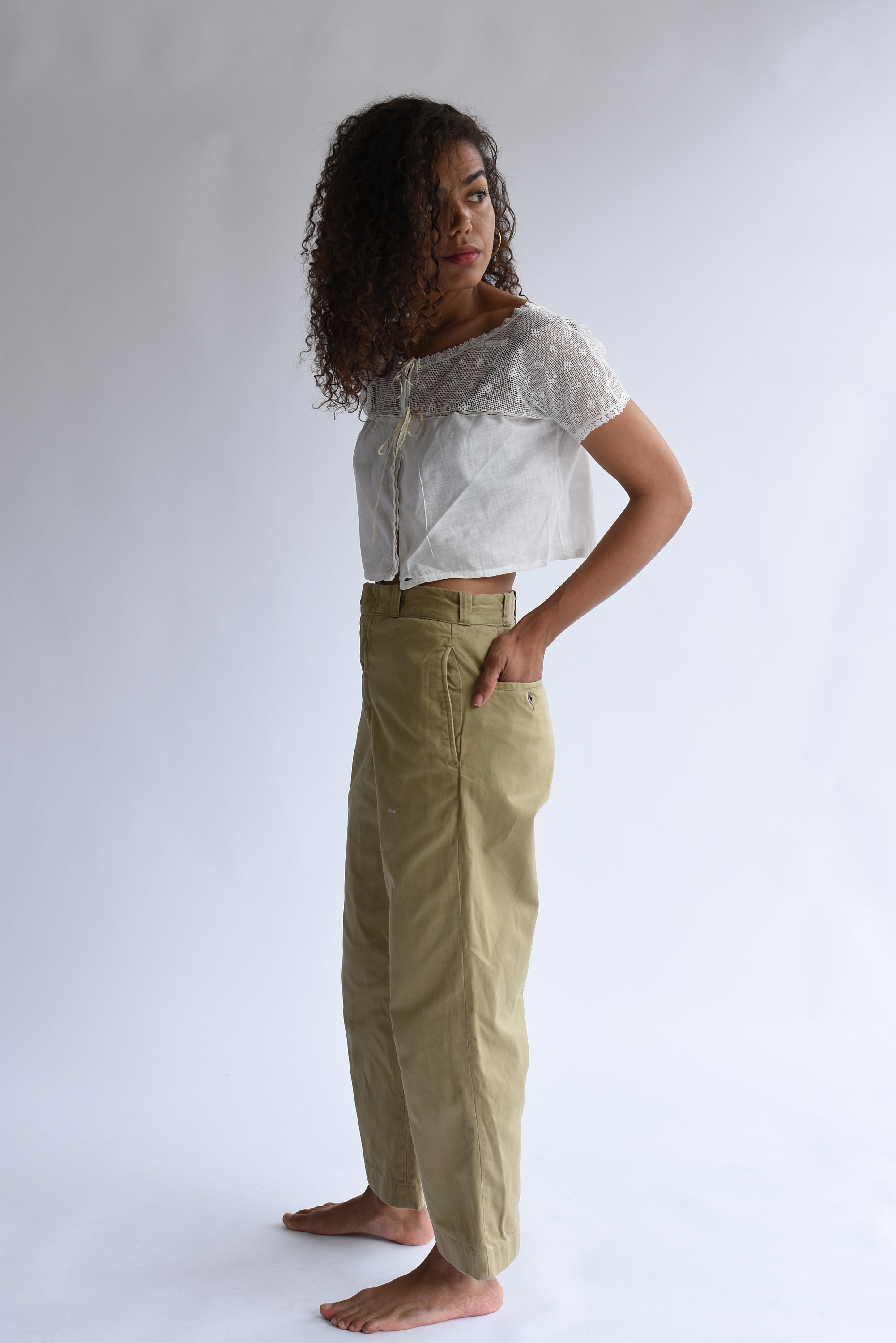 Vintage 24 25 26 High Waist Khaki Twill Chinos Wide Leg Pant Beige