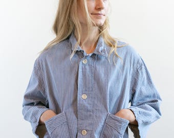Chaqueta corta vintage de franela a rayas azules, blancas y rosas / Pijama unisex de algodón a rayas / Mercado navideño europeo M L SCJ019