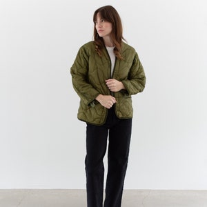 Vintage Green Liner Jacket Unisex Wavy Quilted Nylon Coat S LI206 image 2