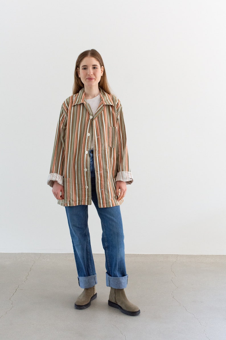 Vintage Green Orange White Striped Shirt Jacket Unisex Flannel Stripe Cotton Pajama Chore shirt M L SJ002 image 5