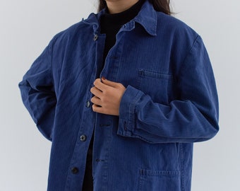 Vintage Blue Chore Jacket | Unisex Herringbone Twill Cotton Utility Work Coat | M L | FJ037