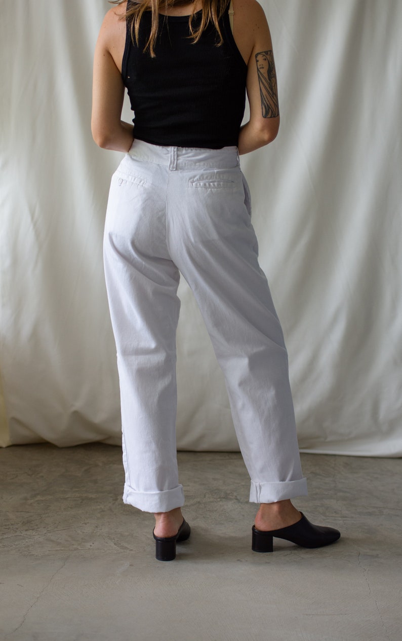 Vintage 27 28 Waist White Chino Pant Unisex High Waist 60s Cotton Chinos Made in USA Pants Zipper Fly image 8