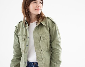 Vintage Sage Green Army Shirt Jacket | Unisex Painter Cotton Canvas Button Up OverShirt | S |