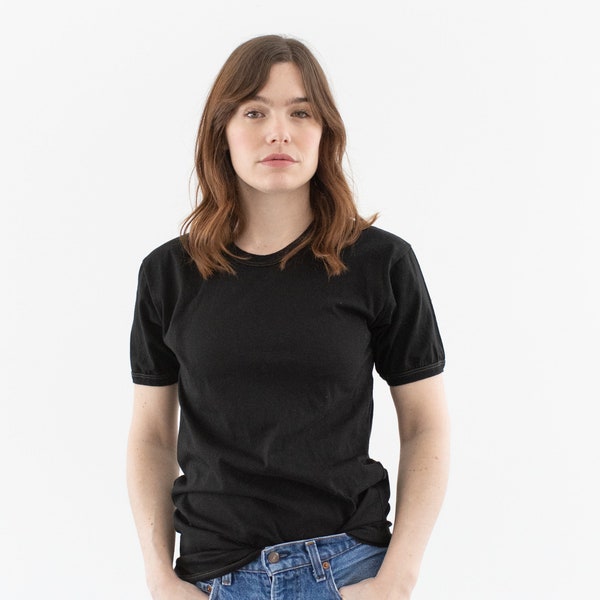 The Matera Tee in Black | Vintage Contrast Stitch Puff Sleeve Made in Italy T-Shirt | 100% Cotton | S M |