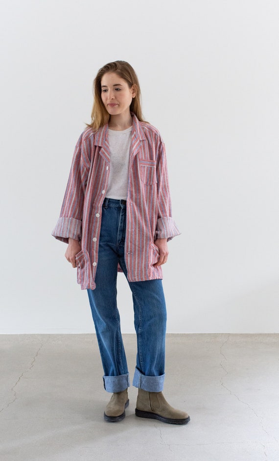 Vintage Red Blue Striped Shirt Jacket | Unisex Fl… - image 1