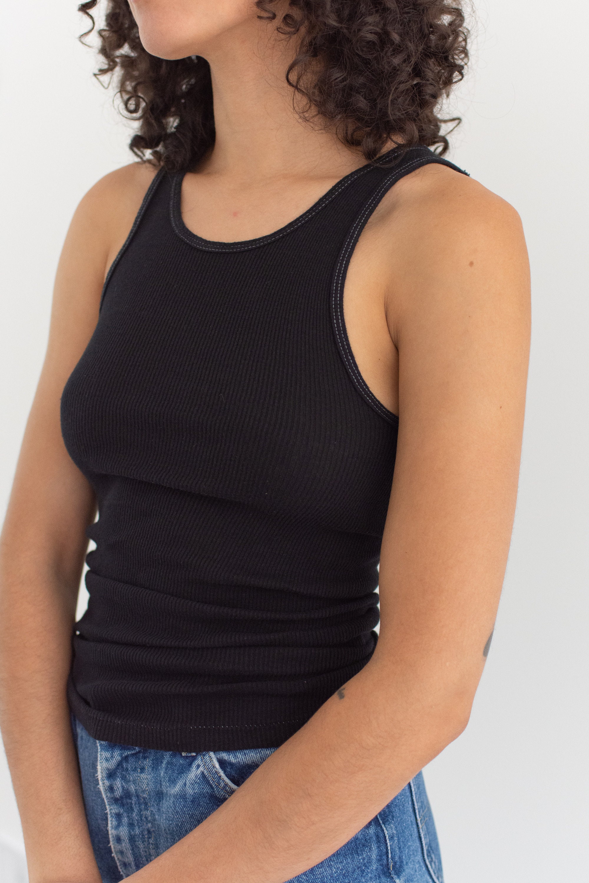 Vintage Black Rib Tank Top | Contrast Stitch Ribbed Undershirt ...
