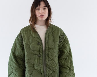 Vintage Green Liner Jacket | Unisex Wavy Quilted Nylon Coat | XL | LI269