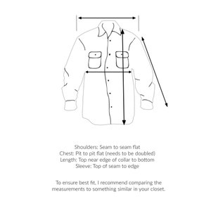 May include: Line drawing of a button-down shirt with measurement lines indicating shoulder width, chest width, length, and sleeve length. Text below the shirt provides measurement instructions for accurate sizing.
