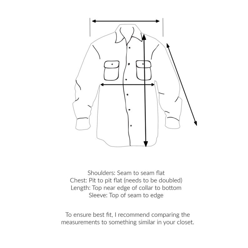 May include: Line drawing of a button-down shirt with measurement lines indicating shoulder width, chest width, length, and sleeve length. Text below the shirt provides measurement instructions for accurate sizing.