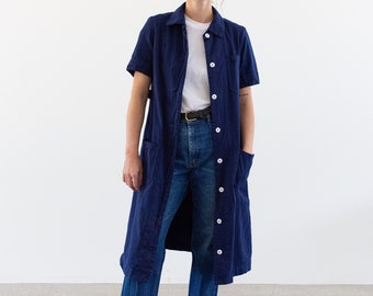 Vintage Navy True Blue Short Sleeve Shop Coat | Made in England | Belted Overdye Chore Trench Jacket | XS S M L |