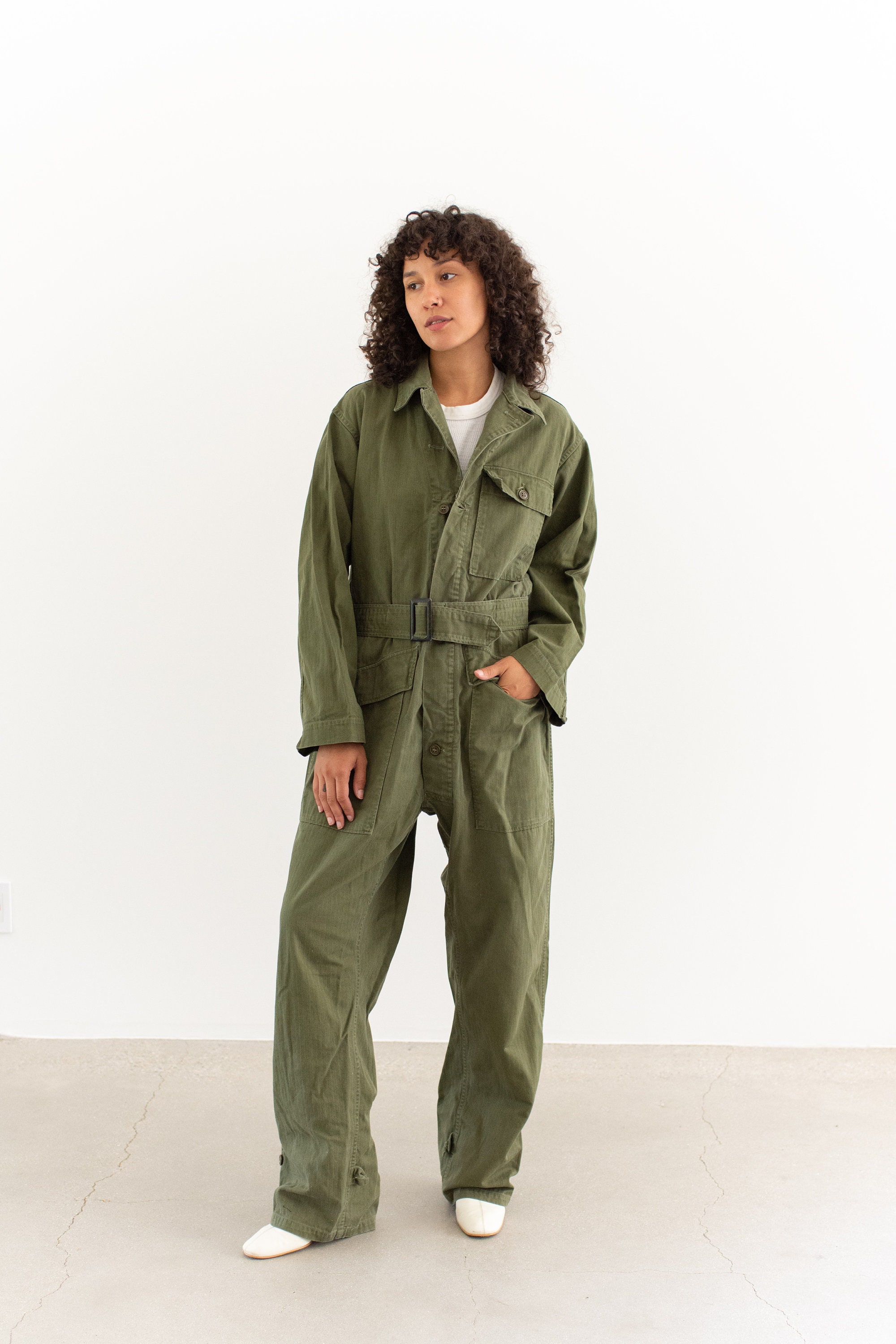 Vintage Green Herringbone Twill Belted Coverall | Army