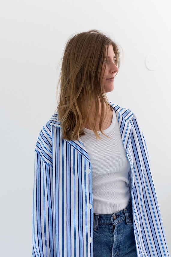 Vintage Blue White Striped Shirt Jacket Unisex Stri… Gem