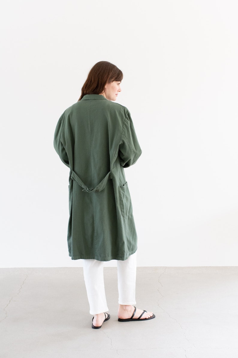 Vintage Eucalyptus Green Shop Coat Unisex Herringbone Twill Euro Chore Trench Jacket M image 8