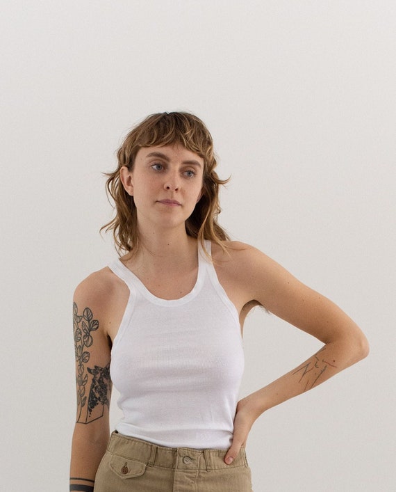 Vintage White Rib Knit Tank: 100% Cotton Undershirt (XS/S
