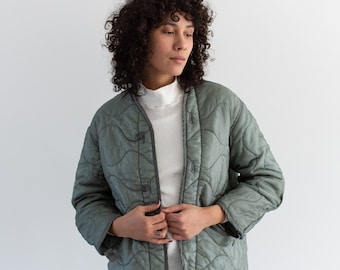 Vintage Slate Green Liner Jacket | Wavy Quilted Nylon Coat | S |