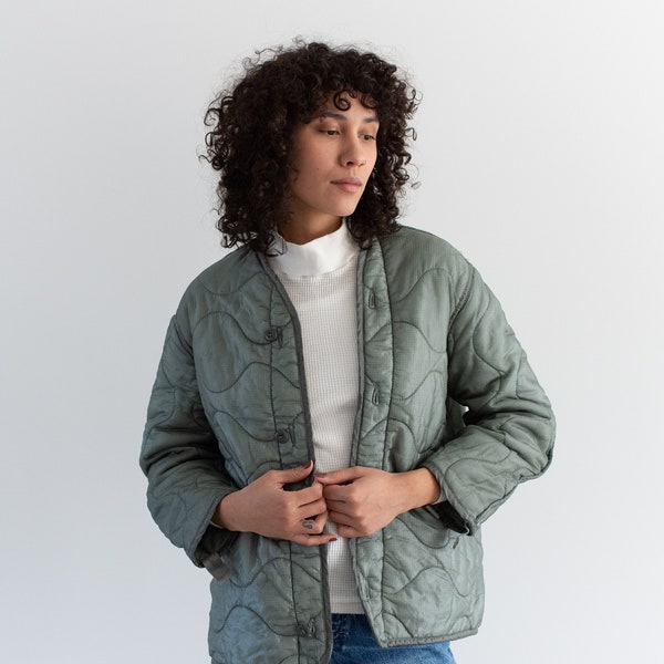 Vintage Slate Green Liner Jacket | Unisex Sage Wavy Quilted Nylon Coat | XS S |