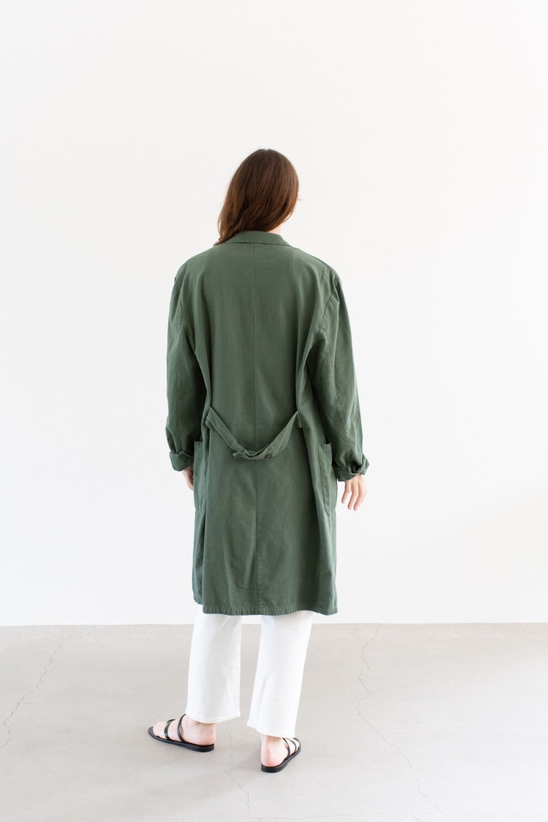 Vintage Eucalyptus Green Shop Coat Unisex Herringbone Twill Euro Chore Trench Jacket M image 7