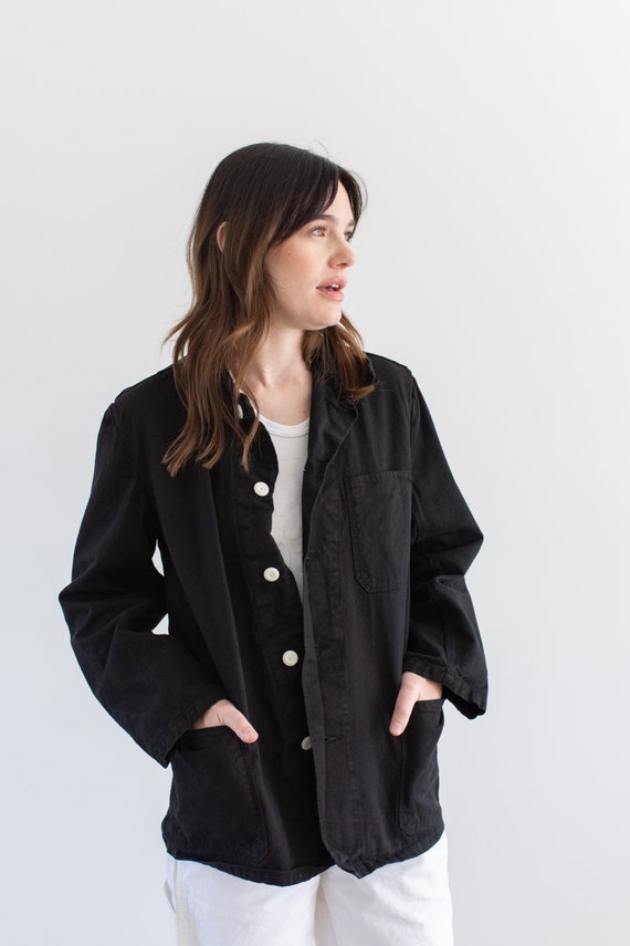 Vintage Black Cotton Canvas Chore Blazer | Unisex Three Pocket
