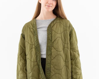 Vintage Green Liner Jacket | Unisex Wavy Quilted Nylon Coat | L | LI172