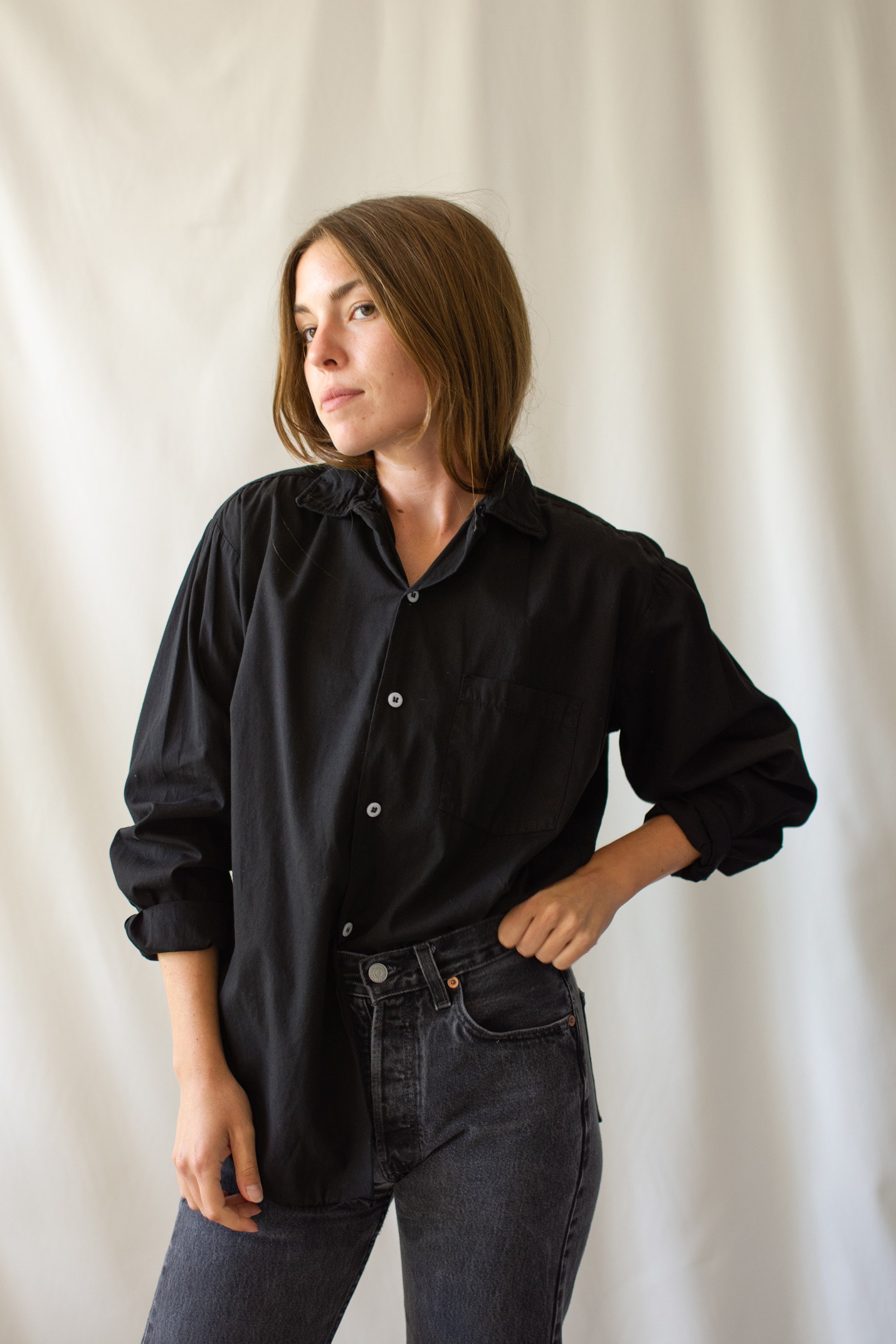 Vintage Black Long Sleeve Loop Collar Shirt | Simple Blouse | 100