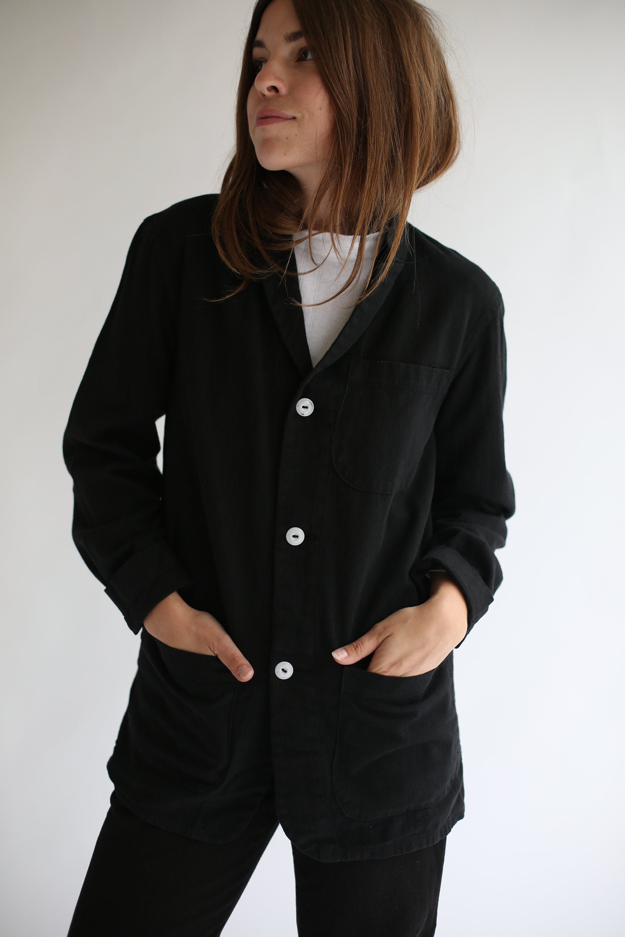 Vintage Black Chore Jacket Round Three Pocket Unisex Cotton French