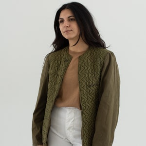 Vintage Green Liner Jacket | 60s Zig Zag Reversible Canadian Military Army Quilted Cotton Coat | S | L1