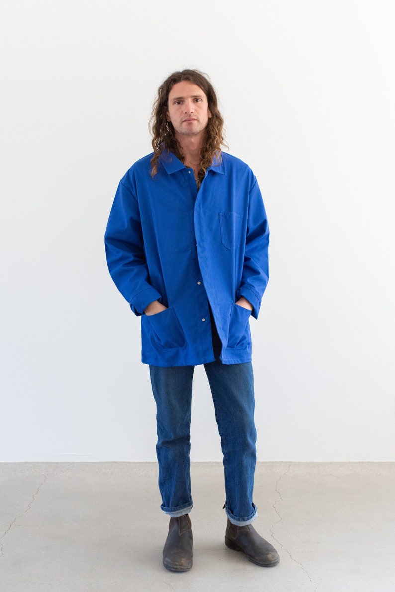 Vintage Matisse Blue Atelier Chore Coat Unisex Bright Cotton Blend Military Utility Work Jacket Made in Europe XL image 1