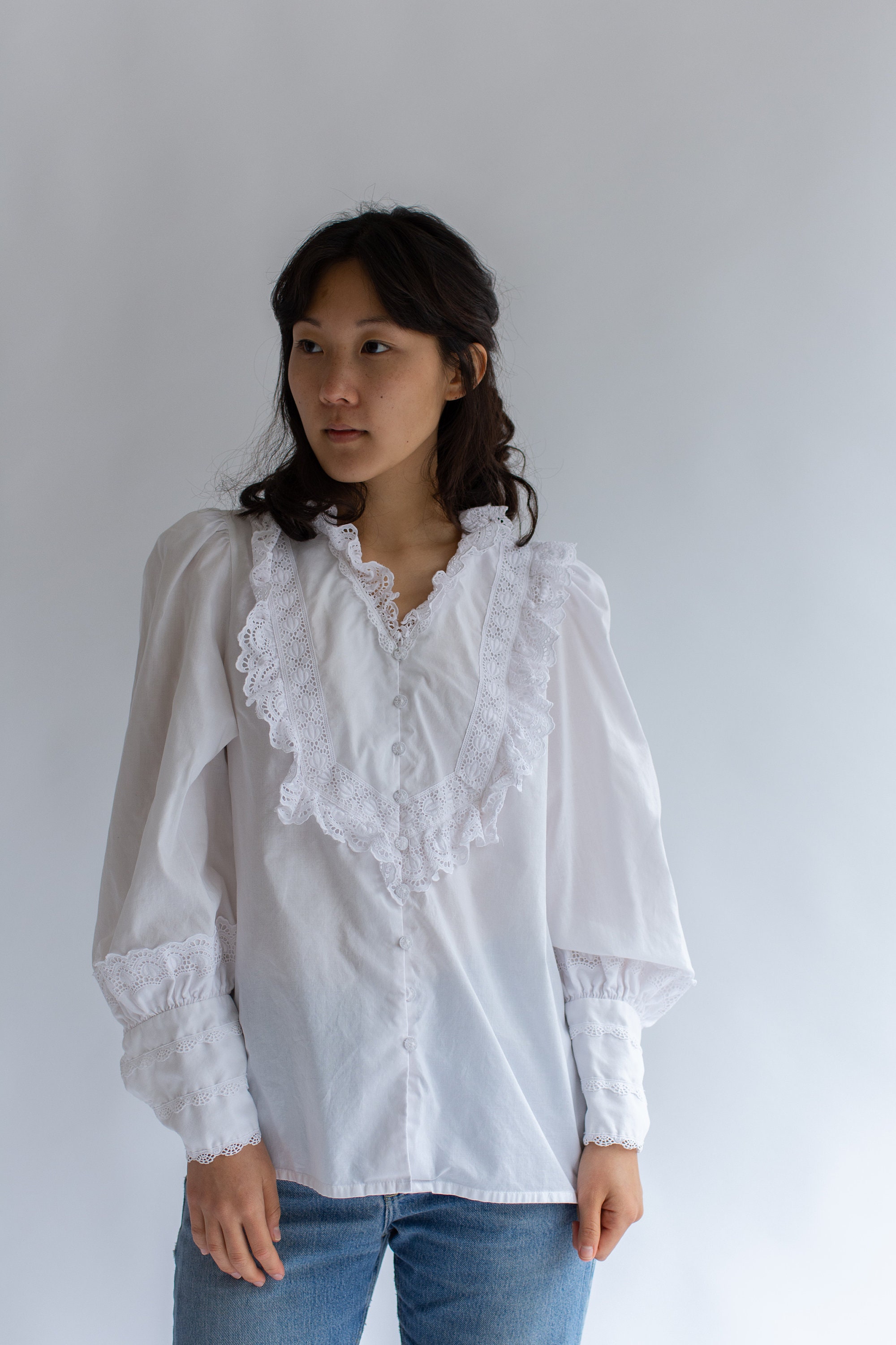 Vintage White Cotton Poet Blouse | Victorian Style Romantic Folk Shirt | S