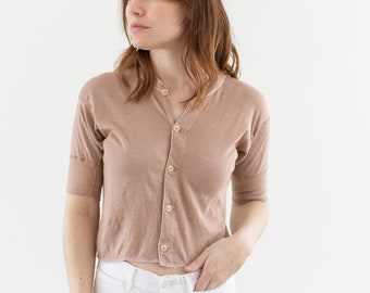 Vintage Ballet Pink Button Up Crop Thermal Shirt | Rib Knit Picot Edging | Cotton Undershirt | XXS XS S | PT01