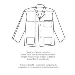 Op de afbeelding: Lijntekening van een jas met knoopsluiting, twee zakken en een kraag. De tekening bevat maten voor de schouders, de borst, de lengte en de mouwen.