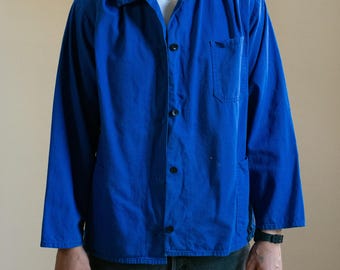 Vintage blauwe werkhemdjas | Unisex kobaltblauwe katoenen werkkleding | Gemaakt in Europa | M L | J166
