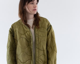 Vintage Green Liner Jacket | Unisex Wavy Quilted Nylon Coat | XL | LI272