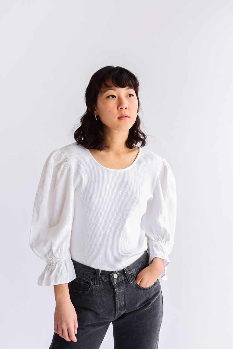 Poet Romantic Blouse Linen Folk Blouse Shirt S Vintage White Linen Puff Sleeve Shirt