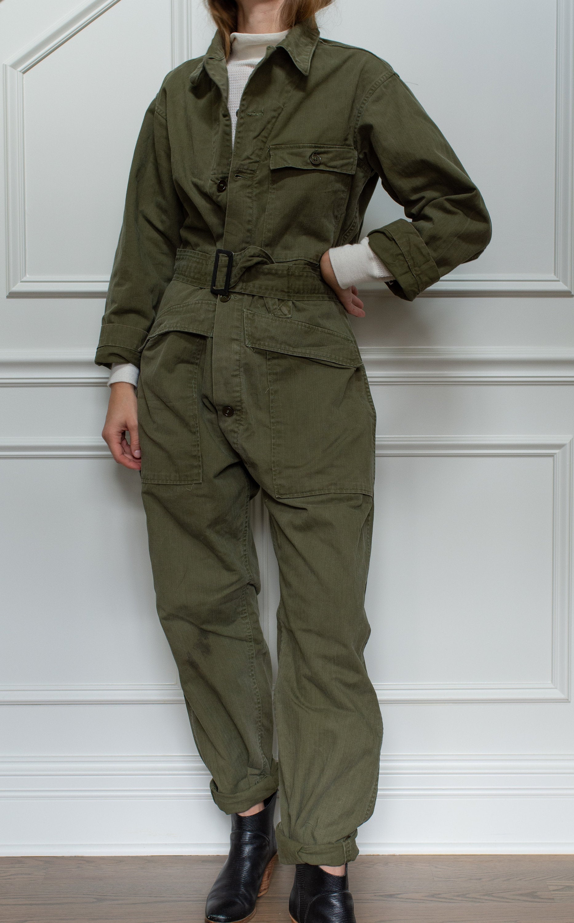 Vintage Green Herringbone Twill Coverall | Green Army Coverall | Green ...