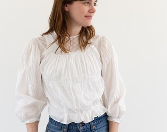 Vintage White Cotton Sheer Romantic Blouse | Crochet Puff Sleeve Gathered Shirt | XS |