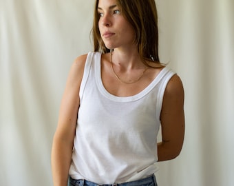 The Ischia Tank | Vintage White Tank Top | Cotton Two Way Scoop Undershirt | Semi-sheer Singlet | XS S M |