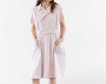 Vintage Light Pink Short Sleeve Wrap Dress Smock | Overdye Cotton Poly Crossover 60s Smock | S M |