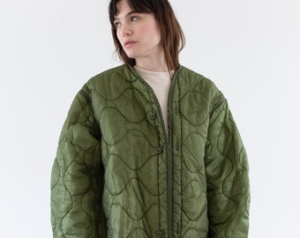 Vintage Green Liner Jacket | Unisex Wavy Quilted Nylon Coat | L XL | LI265