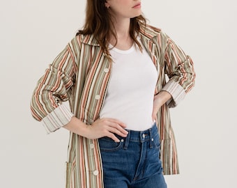 Vintage Green Orange White Striped Shirt Jacket | Unisex Flannel Stripe Cotton Pajama Chore shirt | M L | SJ002
