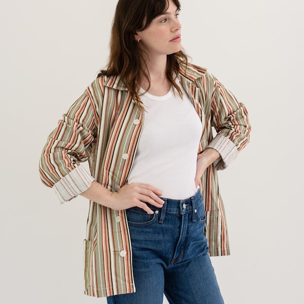 Vintage Green Orange White Striped Shirt Jacket | Unisex Flannel Stripe Cotton Pajama Chore shirt | M L | SJ002