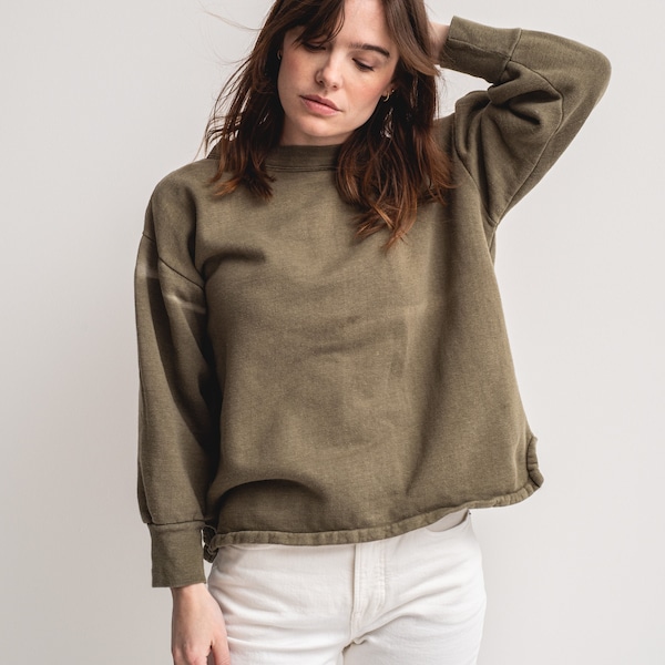 Vintage French Faded Olive Green Crew Sweatshirt | Cozy Fleece | 70s Made in France | XS S M L XL |