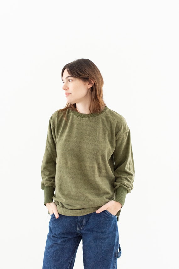 Vintage French Faded Olive Green Sweatshirt Two Tone Terry Cloth 70s Made in France FS125 M Etsy