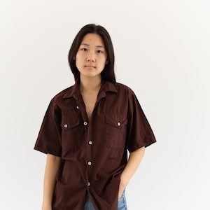 Vintage Overdye Hickory Brown Short Sleeve Shirt Flap Pocket Simple Cotton Work Blouse XS S image 1