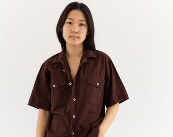 Vintage Overdye Hickory Brown Short Sleeve Shirt | Flap Pocket Simple Cotton Work Blouse | XS S |