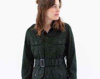 Vintage 70s Dark Forest Green Belted Safari Shirt Jacket | XS |