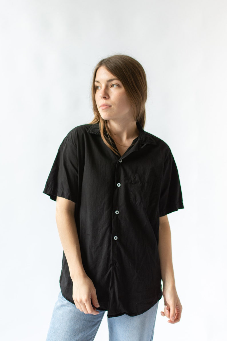 Vintage Black Short Sleeve Loop Collar Shirt Simple Overdye Cotton Work Blouse XS S M XL image 7