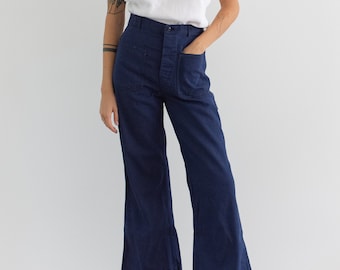 Vintage 27 28 29 Waist Button Fly High Rise Jeans | Dark Wash wide Leg Flare Denim | 60s Sailor Kick Flare Nautical |