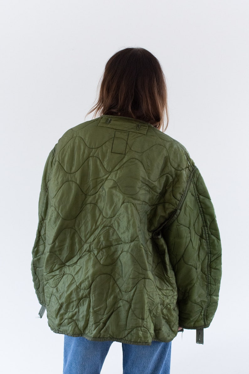 Vintage Green Liner Jacket Unisex Wavy Quilted Nylon Coat XL LI269 image 2